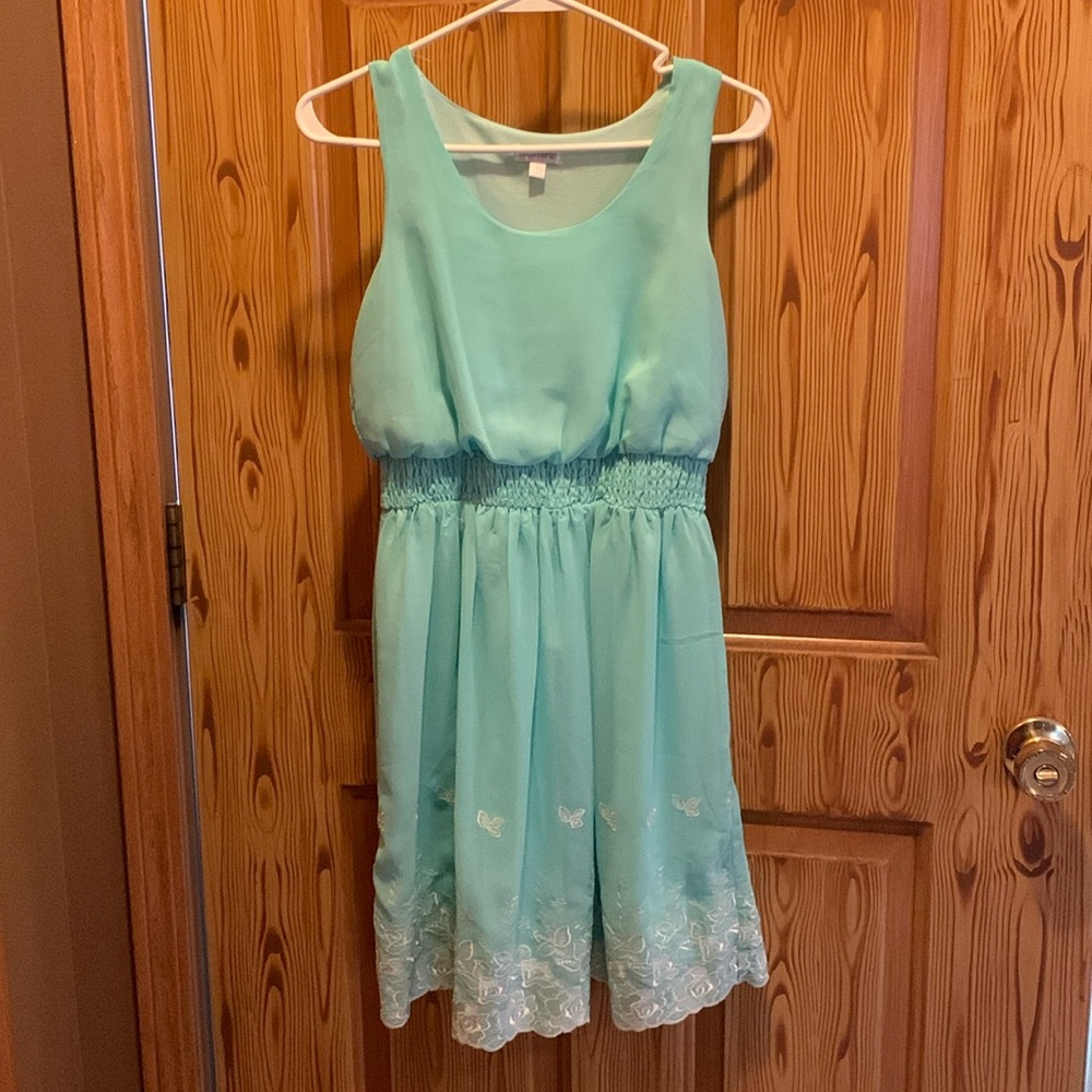 Short sleeve knee length dress, Charming Charlie, light blue, lace detailing, S